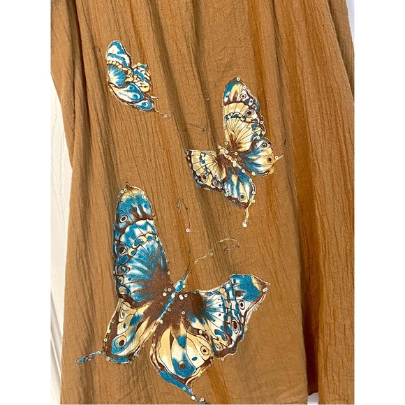 Boho Style ‘Tube Top’. Light Brown. Tie Straps. Sequined Butterflies. Long Tunic - Picture 3 of 6